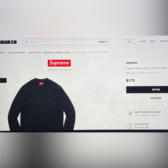 Supreme black Pique Logo long sleeve top SS17 size M - Picture 7 of 8